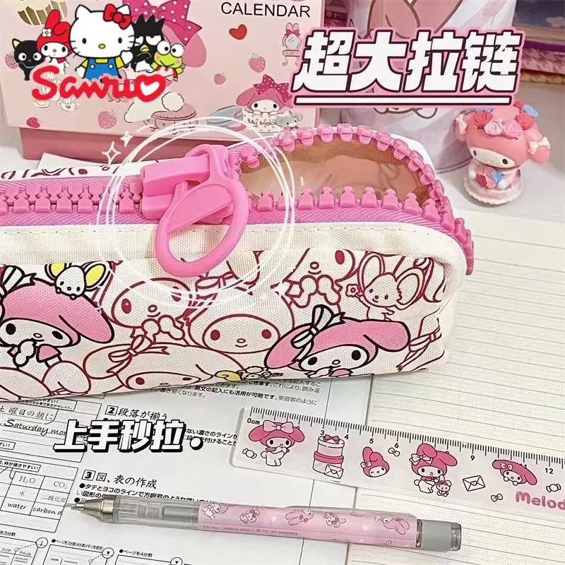 Sanrio Melody Kuromi Hello Kitty Cinnamoroll Pochacco Pen Bag Cartoon Big Zipper Male Students Pencil Stationery Box Storage Bag