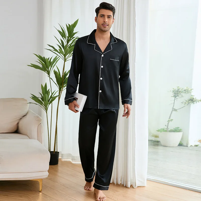 Solid Color Men's Pajamas 2PCS Sleepwear Set Spring Autumn Long Sleeve Trouser Suit Loose Ice Silk Satin Lounge Wear