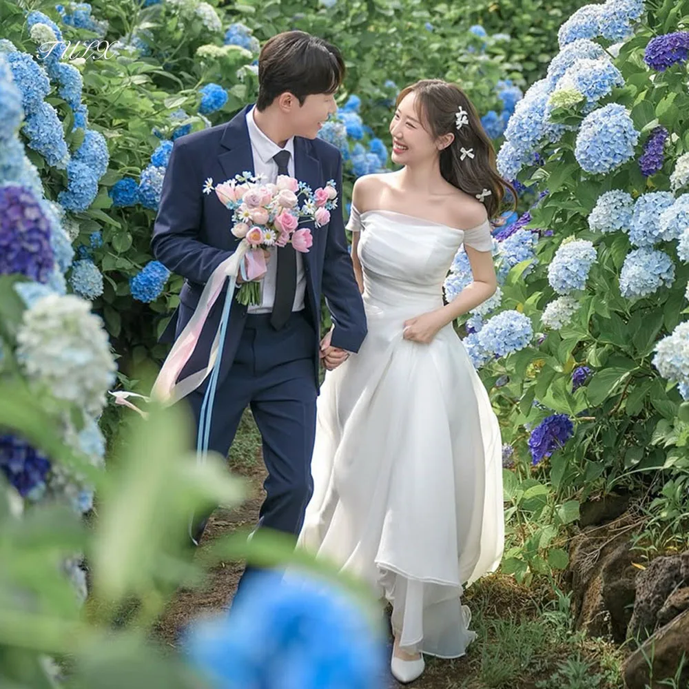

TULX Simple Organza Ivory Wedding Dress Korea Photo Shoot Strapless Short Sleeve Bridal Gowns Corset Long 웨딩드레스 Customized