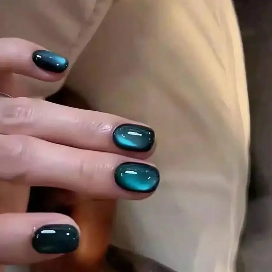 

24Pcs Starry Sky Blue Cat Eye Press On Nails, Short Glossy Reusable No Damage, For Daily Party Date Nights