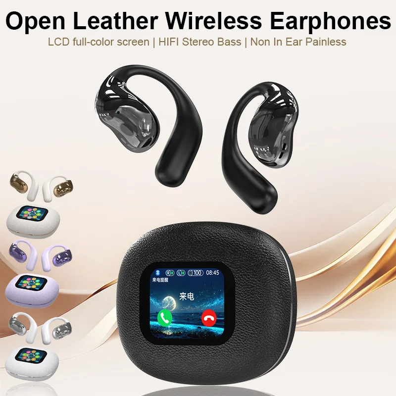 

Full Color Screen Ear Hanging Bluetooth 5.3 Earphones Leather IPX5 Waterproof Sports Open No In Ear Dual Mic ENC Earhook OWS