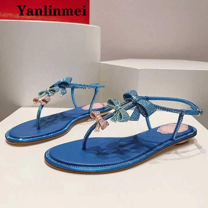 

Summer Flat Sandals Women Crystal Butterfly-knot Ankle Buckle Strap Party Shoes Flip Flop Leisure Vacation Beach Sandals Woman