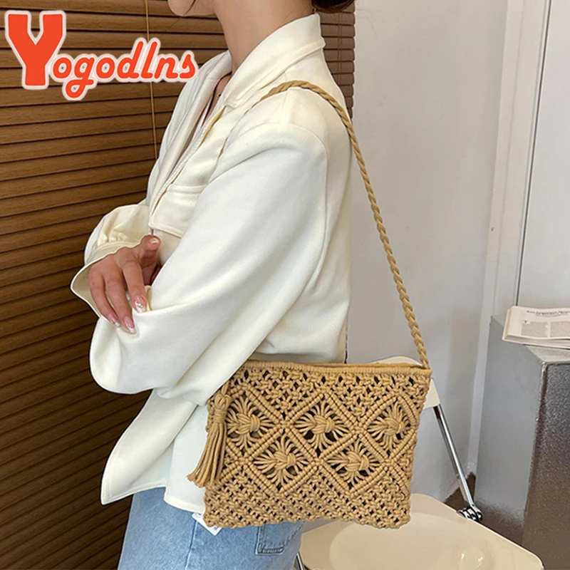 Summer Hollow Straw Bag For Women Tassel Decors Shoulder Messenger Bag Travel Beach Bag Daily Cotton Rope Crossbody Bag