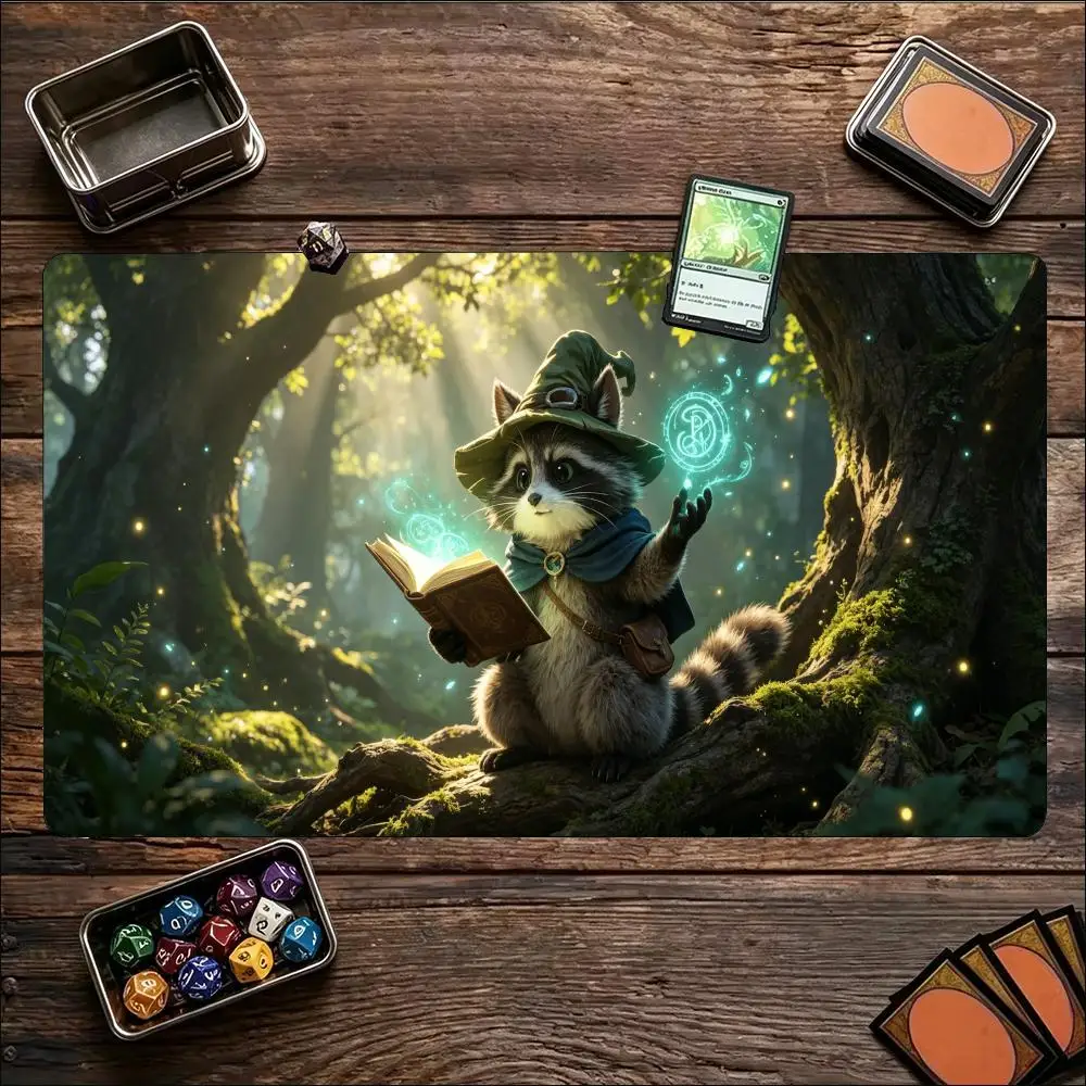 Whimsical Forest Wizard Cat Large Game Mat Non‑Slip Rubber Playmat Enchanted Woodland Art for Trading Card Tabletop Hobby Table