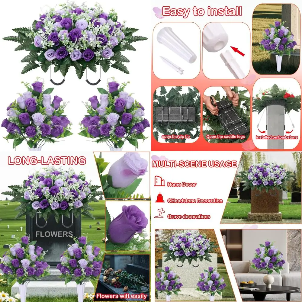 

Фиолетовые цвинтарные мемориальные розы с вазой для украшения надгробия