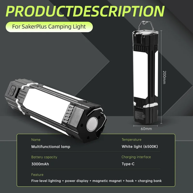 Lampu Berkemah Lipat Dapat Diisi Ulang, PowerBank 3000MAh, Senter Portabel 1500 LM, Lampu Tenda LED 5 Mode untuk Berkemah, Essent