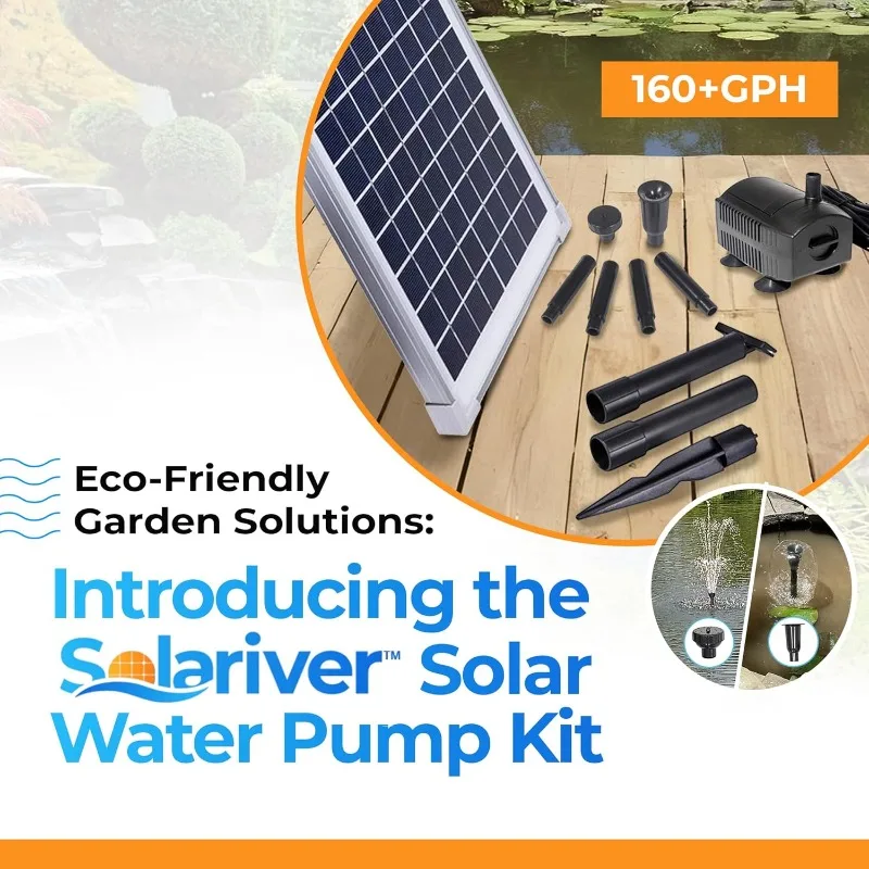 Water Pump Kit, Sun-Powered Submersible Water Fountain Outdoor Feature, 160+ GPH with 12-Watt Solar Panel (12V)