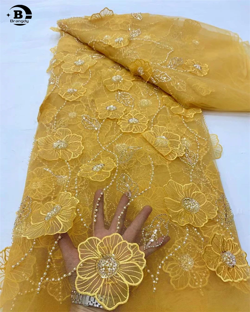 3D Flor Tecido De Renda Para Vestido De Noiva Costura, Bordado Net, Grande Africano, Lantejoula Nigeriana, Tule, Applique, Vestido De Noite