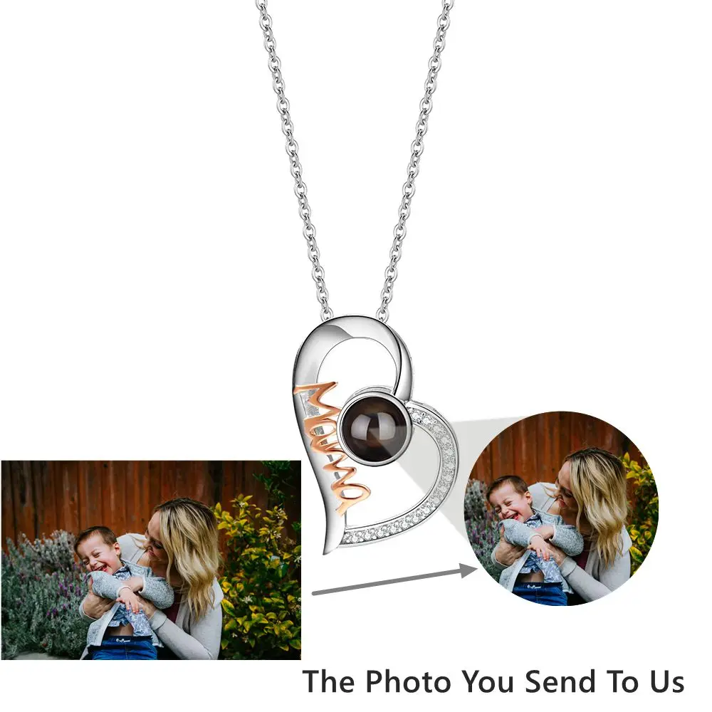 Custom Photo Necklace Personalized Projection Photo Necklace for Women Mother's Day Jewelry Mom Heart Pendant Memory Gift