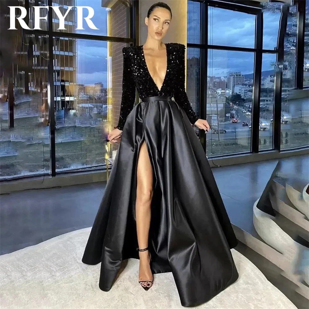 RFYR Blue Sexy Formal Dresses V-Neck Party Dress For Wedding Stain Pleats Special Occasion Dresses with Side Split robe soirée