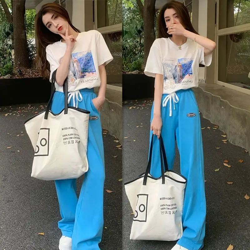 패션 여성 세트 봄과 여름 한국어 버전 간단한 반팔 루즈 캐주얼 와이드 레그 팬츠 투피스 세트