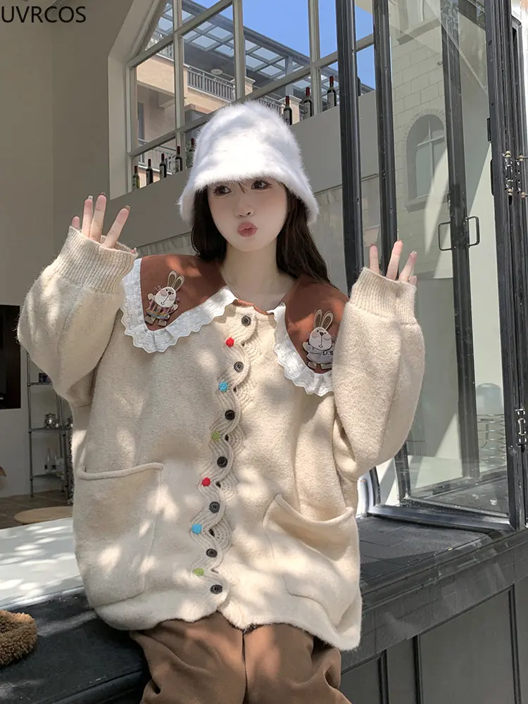 Autumn Winter Warm Knitted Sweater Cardigan Women Sweet Bunny Embroidery Long Sleeve Peter Pan Collar Blouse Kawai Knitwear Coat