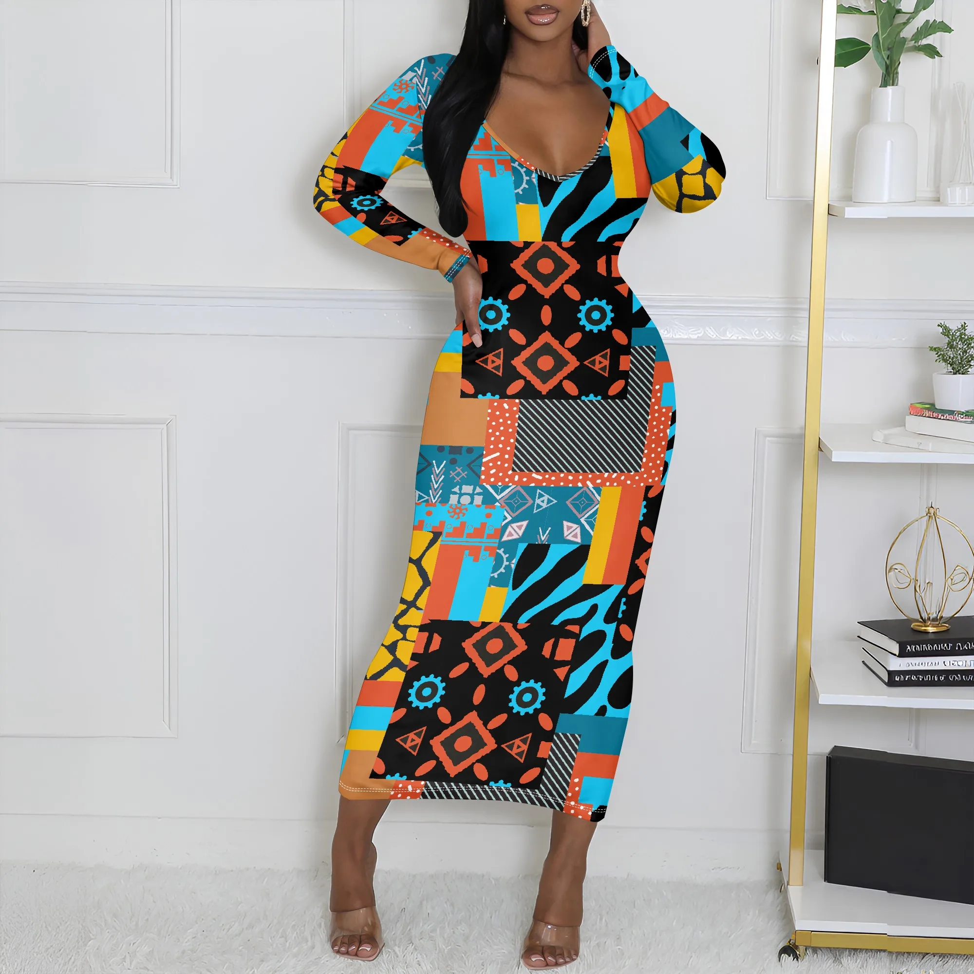 

Women's Autumn Long- Sleeved 3D Printed Geometric Flower Sexy Long-Sleeved Dress