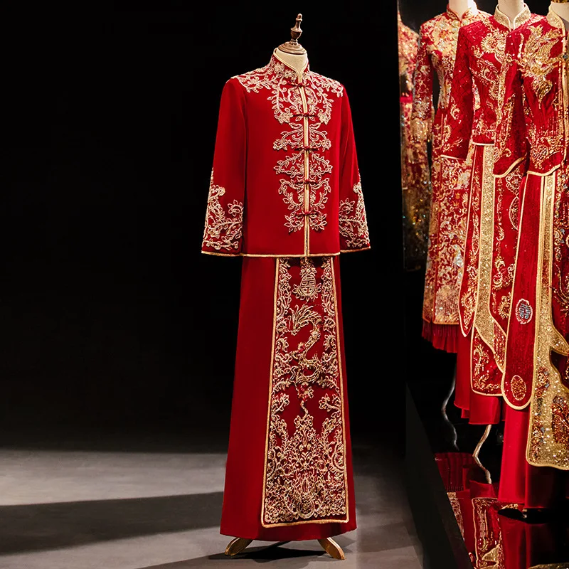 Xiuhe Wedding Costumes Men Traditional Chinese Dragon Phoenix Embroideried Stand Collar Long Sleeve Red Bridegroom Wedding Suit