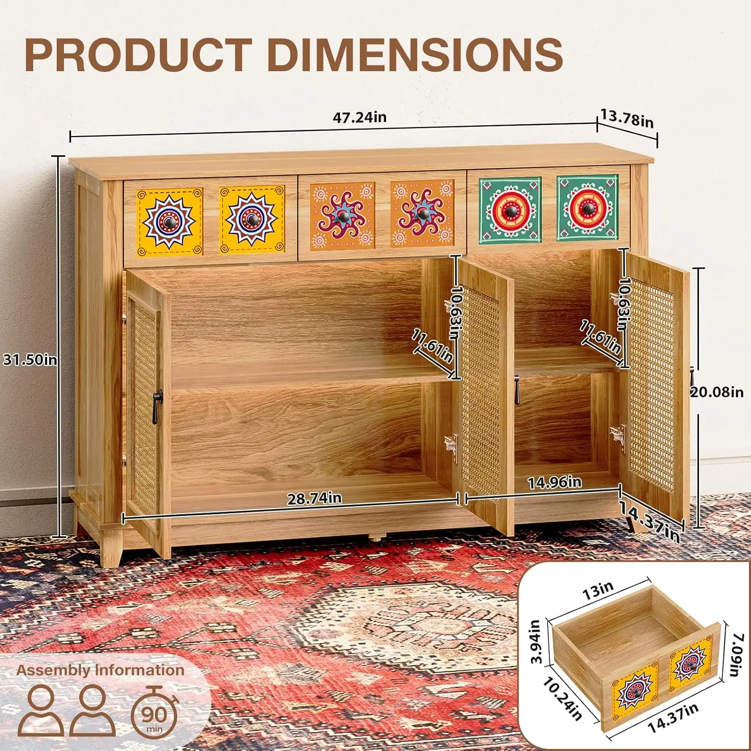 Sideboard Buffet Rattan Cabinet With Storage, Boho Accent Credenza Storage Cabinet With 3 Decorated Doors And 3 Drawers,