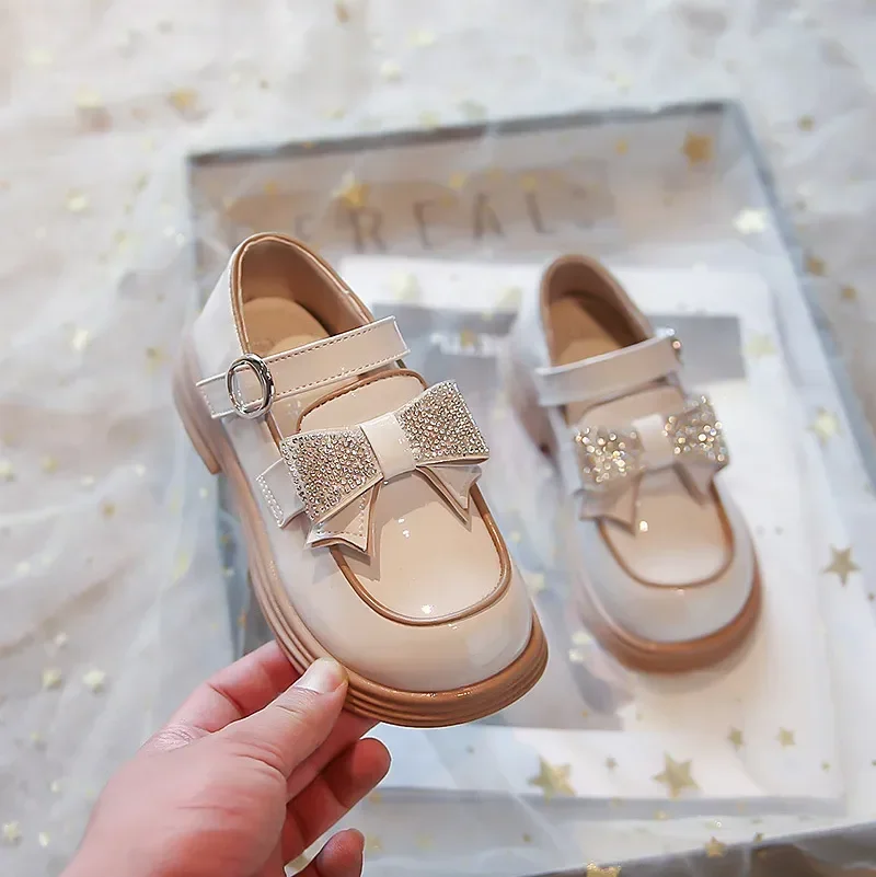 Children‘s Leather Shoes for Toddlers Girls Party Flats Kids Loafers 2025 New Fashion Shiny Bowknot Princess Shoes Size 26-33