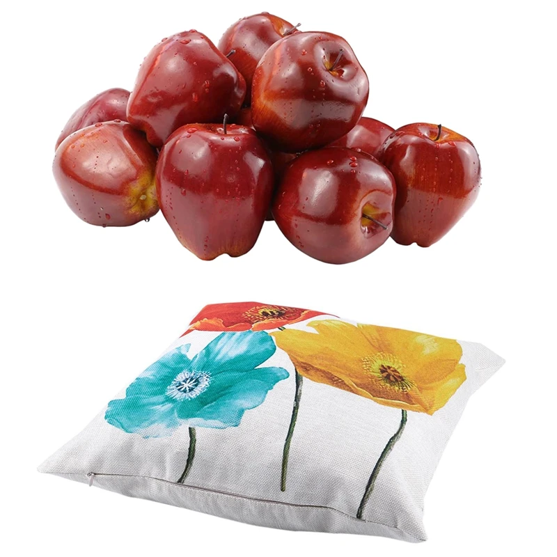 1X Flax Pillow Case Enchanting Beautiful Tricolor 45 X 45Cm & 12 Pcs Fake Fruit Apples Artificial Apples Lifelike