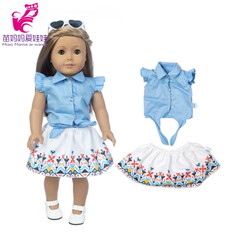 Vestido de flores con nudo para niña, blusa azul, ropa de muñeca para bebé, regalos para niña, 18 pulgadas