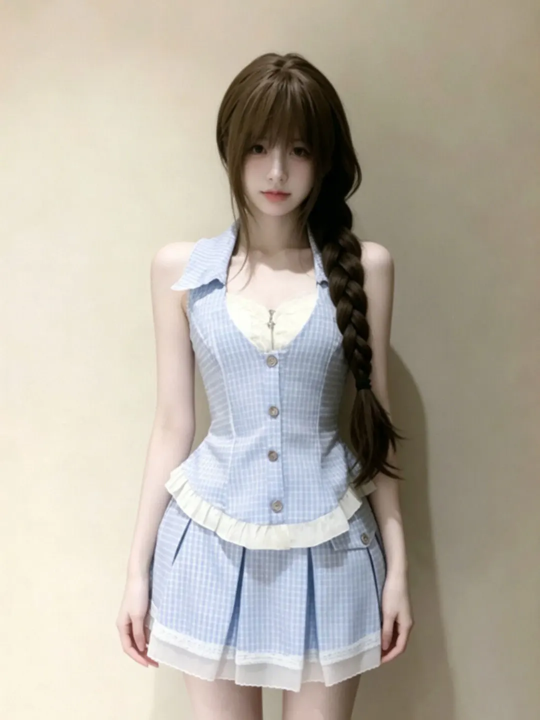 

Gentle Wind Unique Beautiful Hanging Neck Shirt Half Skirt Two Piece Set Anti Aging Whole Set Summer 2026 Fashion Set for Women