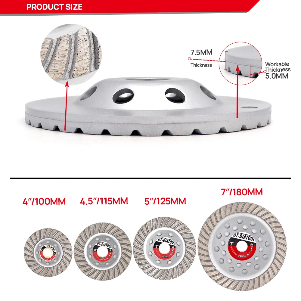 DT-DIATOOL-Diamond Cup Grinding Wheel Discs for Concrete Brick Hard Stone, Segmented Turbo Row Disc, 125mm, 5in, 1PC