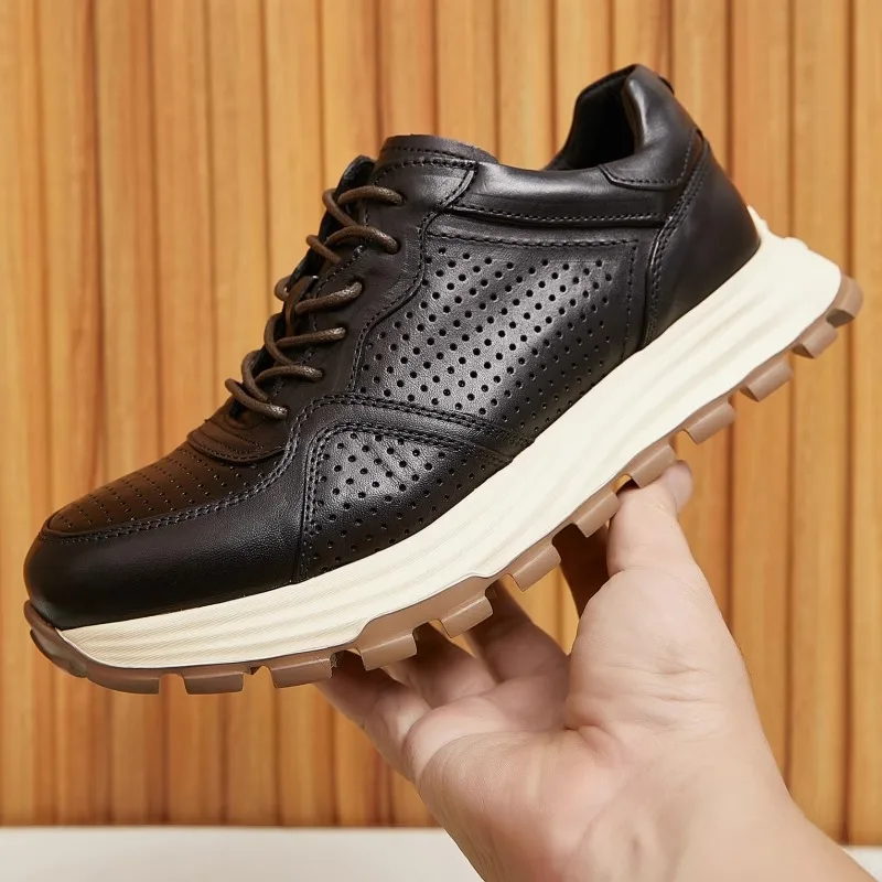 

Новые весенне-летние дышащие рабочие туфли из натуральной кожи, мужские мокасины, модные повседневные кроссовки на толстой подошве, мужские спортивные оксфорды