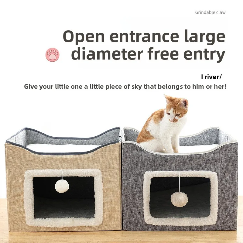 

Semi-Enclosed Foldable Double-Door Triple-Layer Cat House with Multi-Functional Double-Sided Scratching Board for Cats