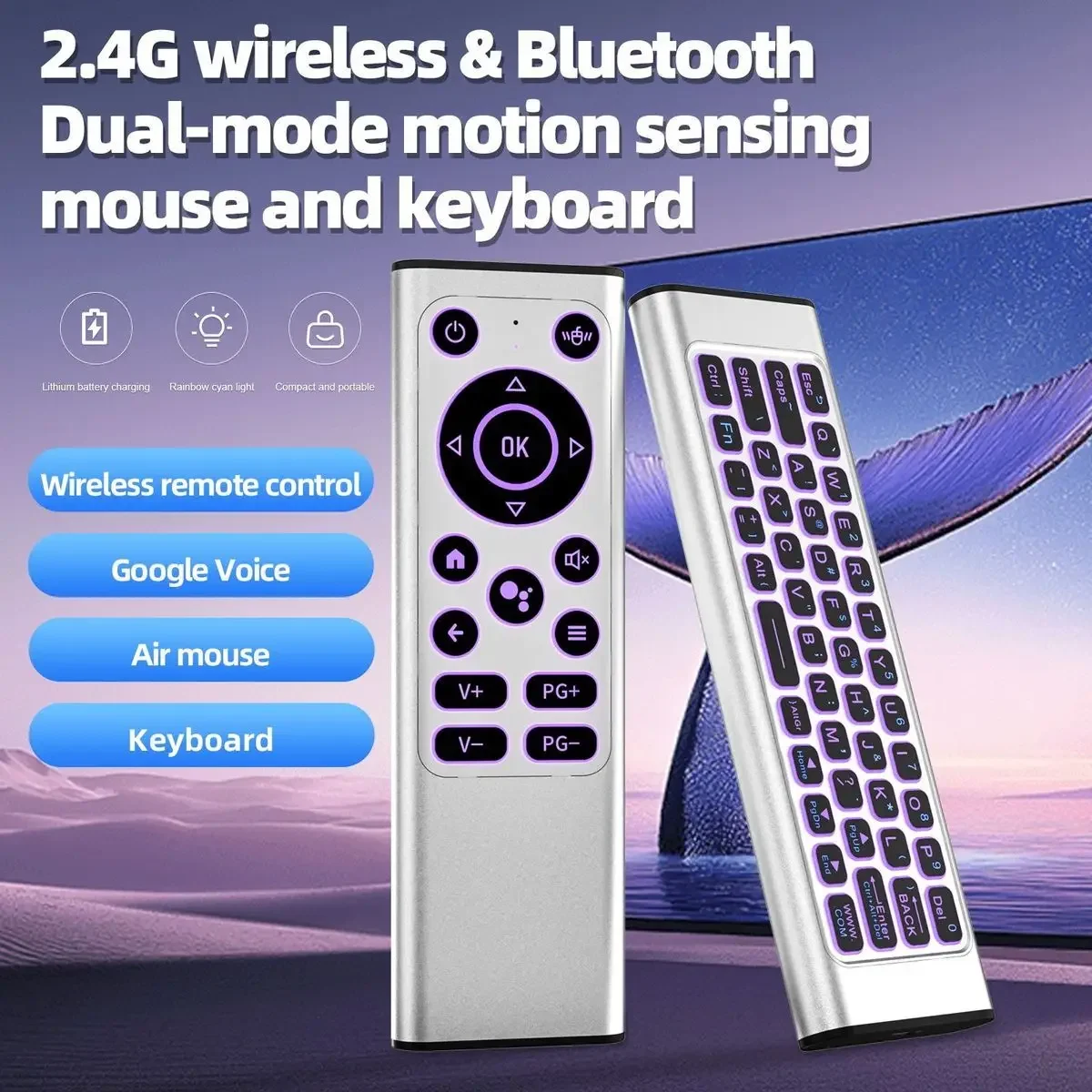 

Air Mouse Keyboard Remote: Bluetooth& 2.4G Mode, Backlit, Rechargeable Aluminum Alloy for PC/Prorect/Android TV Box