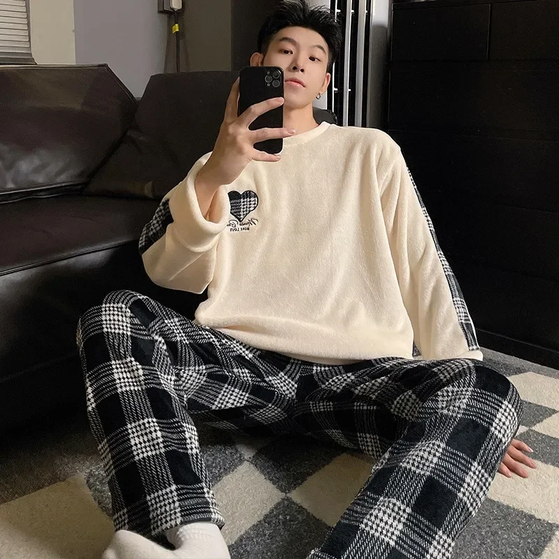 Large Size Men's Winter Home Suits Long-sleeved Trousers 2 Pieces Set Flannel Plaid Design Pajamas Cartoon Sleepwear Loungewear