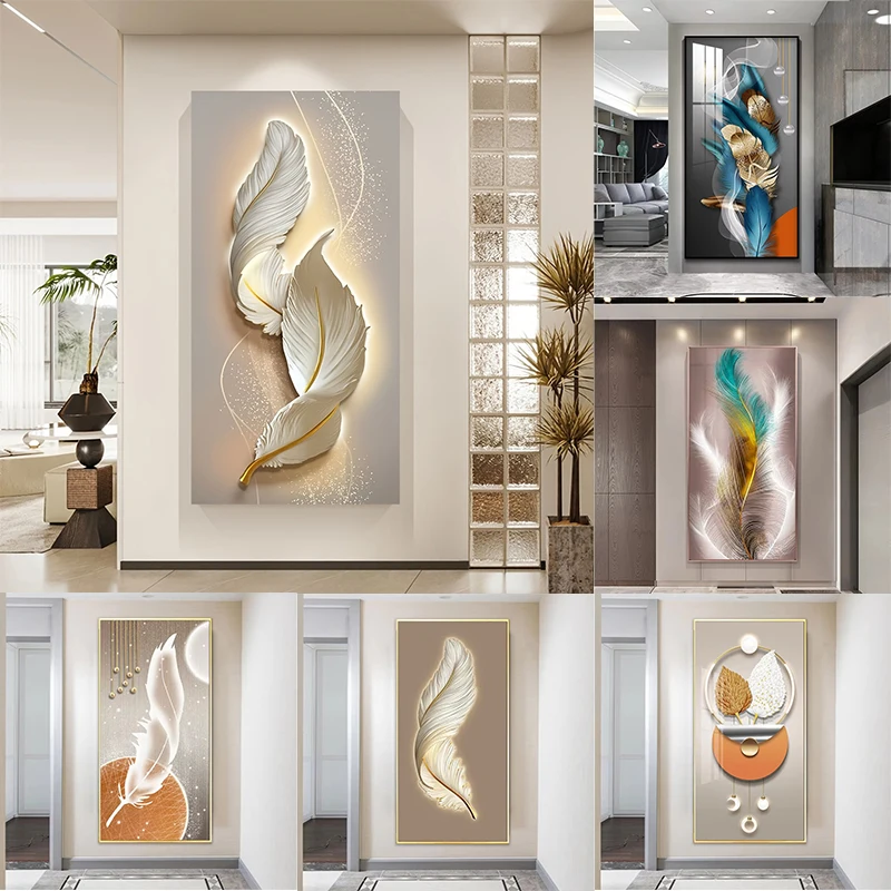 

Nordic Luxury Abstract Wall Art Golden White Feathers Canvas Painting Gold Ribbon Posters for Porch Corridor Home Decoration