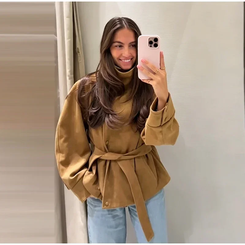 Kurze Damen-Winterjacke aus Wildleder mit Gürtel, Herbstmantel, Langarm, Locker Geschnitten, Lässige Oberbekleidung, Modische Streetwear – Detail 6