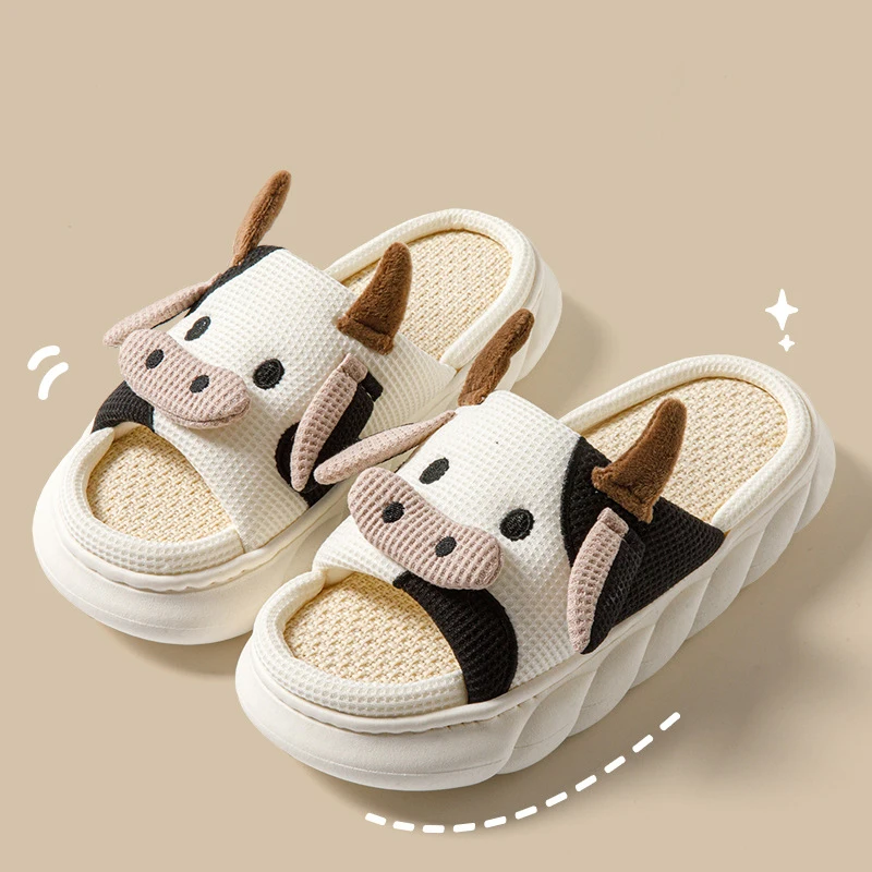 New Cute Cartoon Cow Unisex Linen Slippers Couple Style Slides Mule Men Women Home Shoes Non-slip Flip Flops For Four Seasons