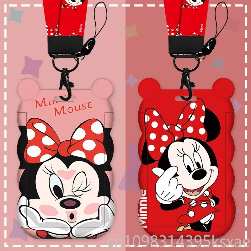 Porta carte Disney Minnie Series per bambini Design a onde di cartone animato con cordino a collo lungo per il controllo degli accessi della metropolitana dell'autobus scolastico