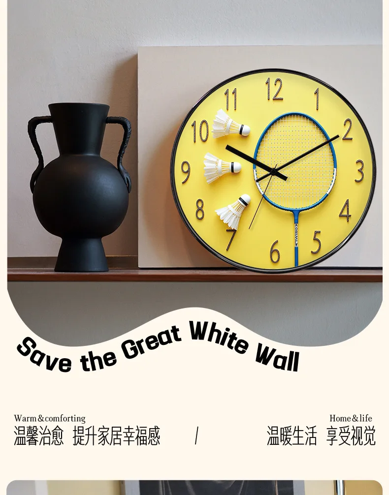 Badminton Hall Wall Clock Gymnasium Sport Badminton Player Enthusiast Study Living Room Simple Mute Quartz Clocks Watch