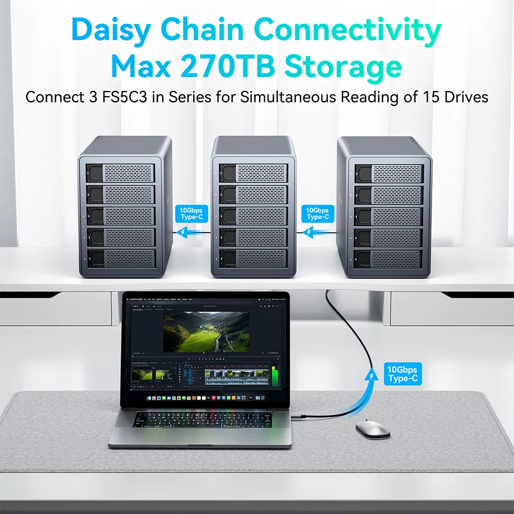 Yottamaster 5 Bay 90TB RAID External Hard Drive Enclosure 150W Power With Cooling Fan 2.5
