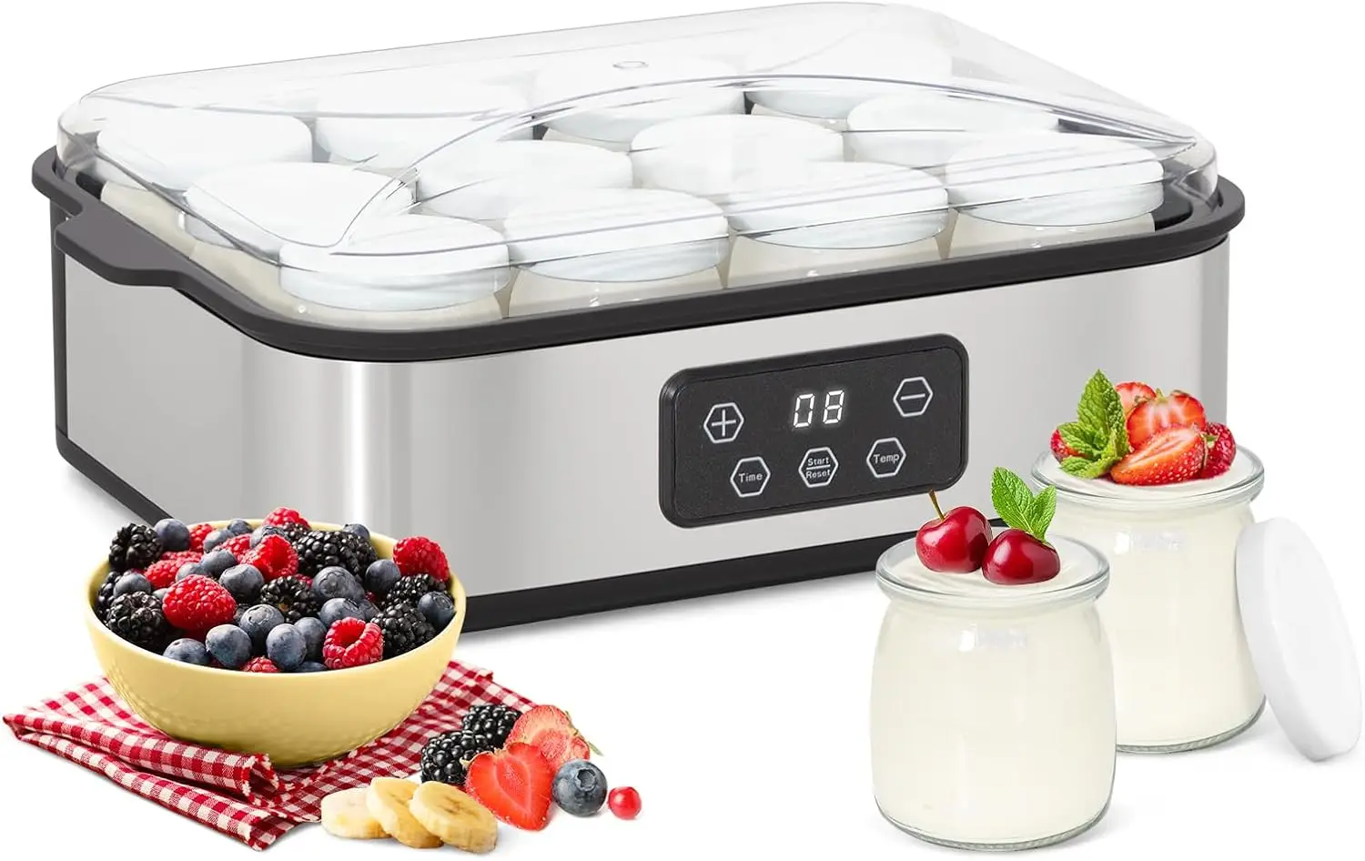 Máquina para Hacer Yogur Eléctrica con 12 Frascos de 180 ml con Tapa, Máquina para Hacer Yogur Casero de Acero Inoxidable, Pantalla LCD, Tiempo Ajustable y