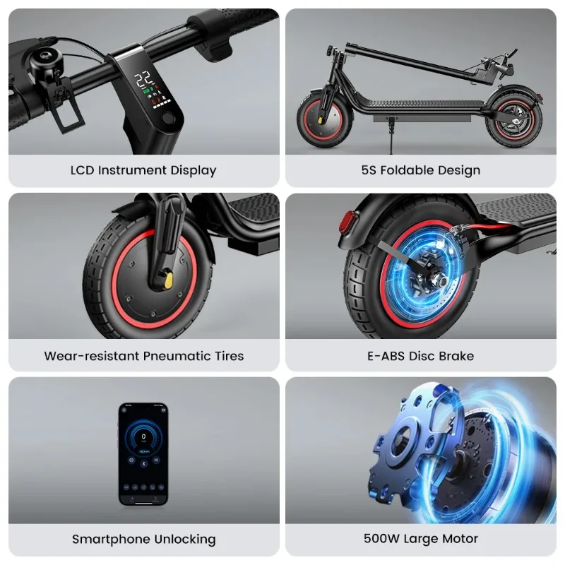 IScooter W6 سكوتر كهربائي 500 واط موتور 36V7.8AH بطارية مع التطبيق E-سكوتر 10 بوصة هوائي الإطارات مكبح قرصي الكبار EScooters