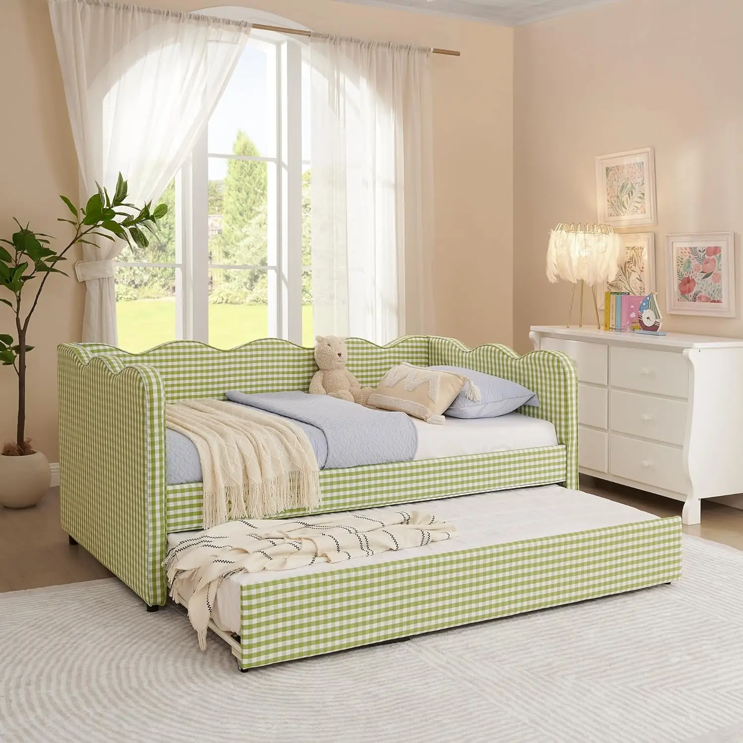 Sofá Cama Tapizado Tamaño Individual, Extensible, de Lino, con Puerto de Carga USB y Adorable Forma de Ola, Acogedor, Personalizado