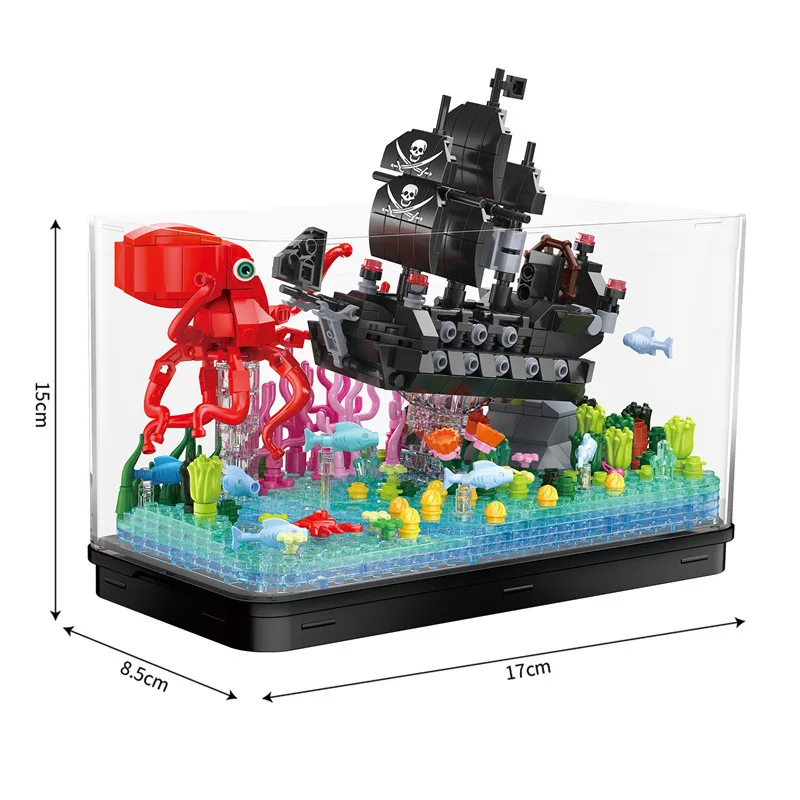 Real Culturable Fish Tank Caribbean Pirate Building Brick Black Pearl Ship Mini Block Figures Octopus Toy With Light For Gifts