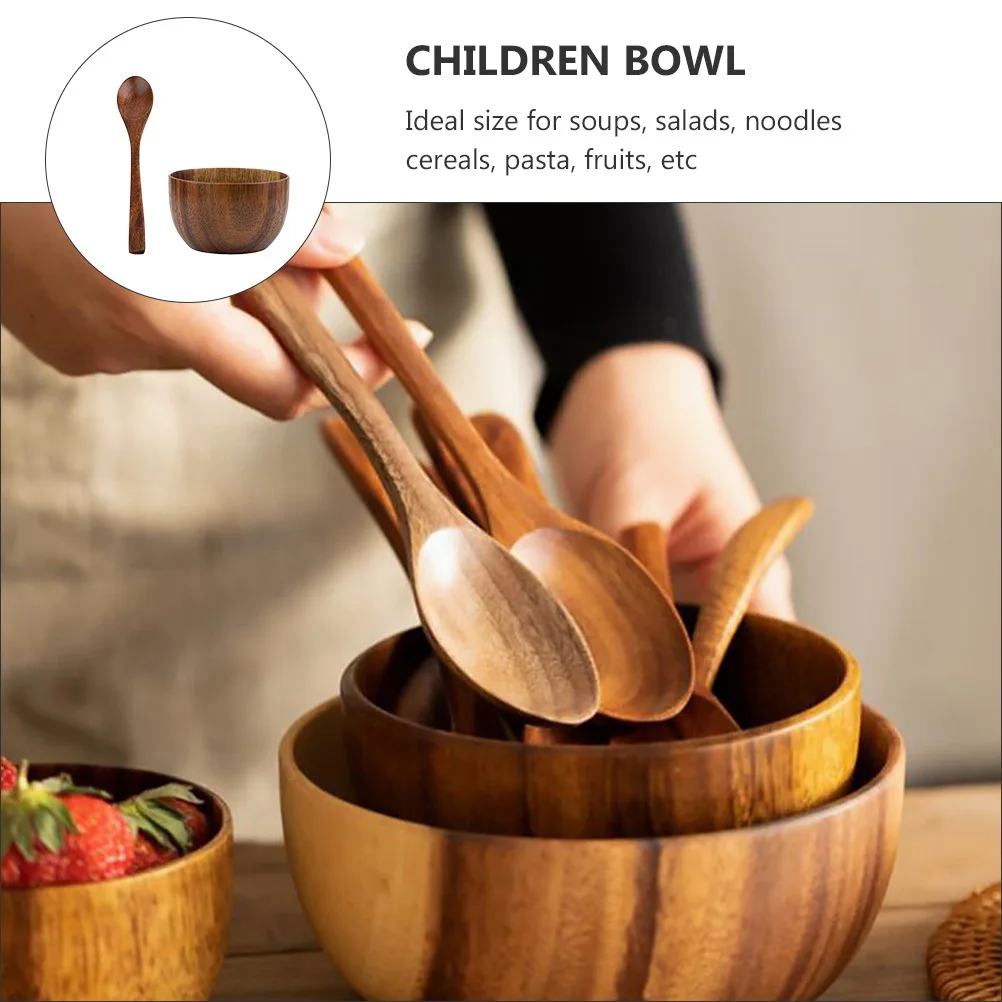

1Set Kids Wooden Bowl Set Practical Design Easy to Clean Safe for Soup Noodles Cereals Fruits Versatile Kitchen Tableware