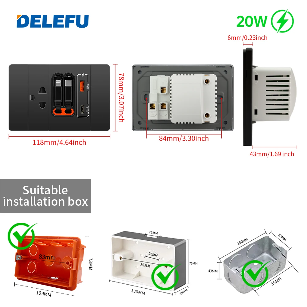 DELEFU American Standard PC Flame-retardant Panel HY-118 Telescopic Cable 20w Fast Charging USB-C Wall Socket White, Black, Gray