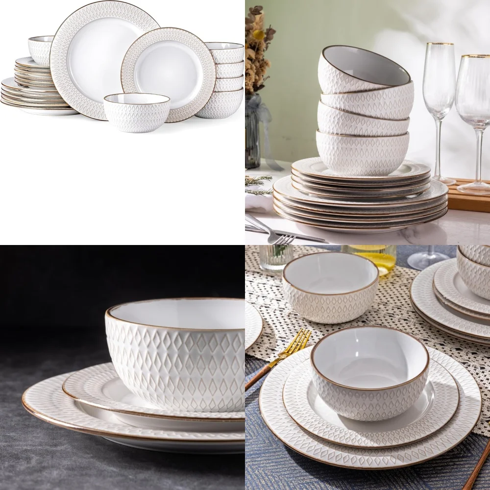 

Ceramic Tableware Set18 Piece Ceramic Dinnerware Set for 6 Elegant Embossed Plates and Bowls Perfect for Everyday or Formal