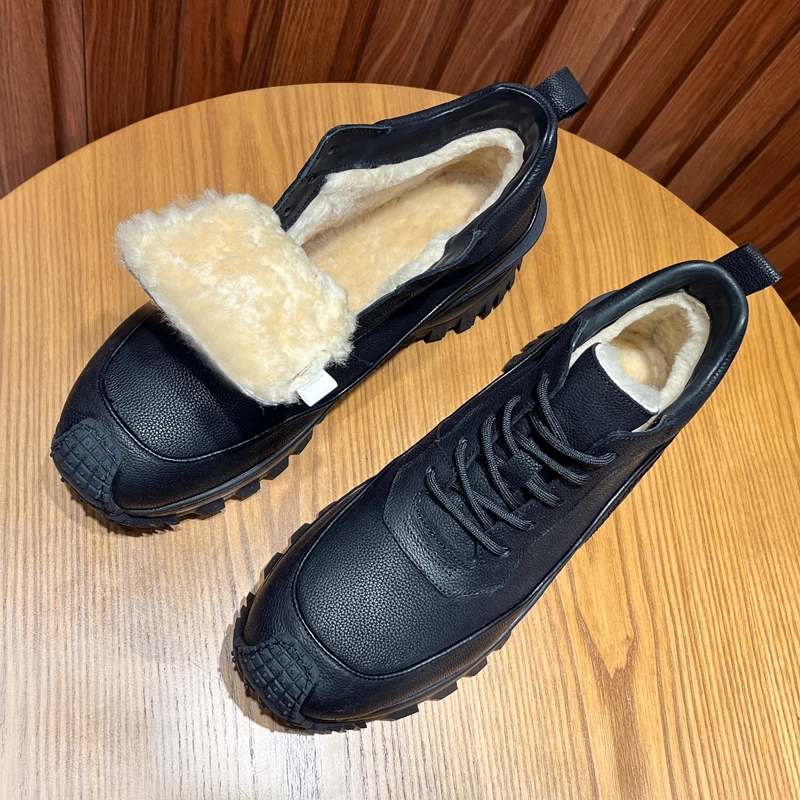 

Winter Fur Snow Boots Men's Cotton Shoes Genuine Leather Waterproof Anti Slip Casual Outdoor Warm Wool Ankle Boots Male Youth