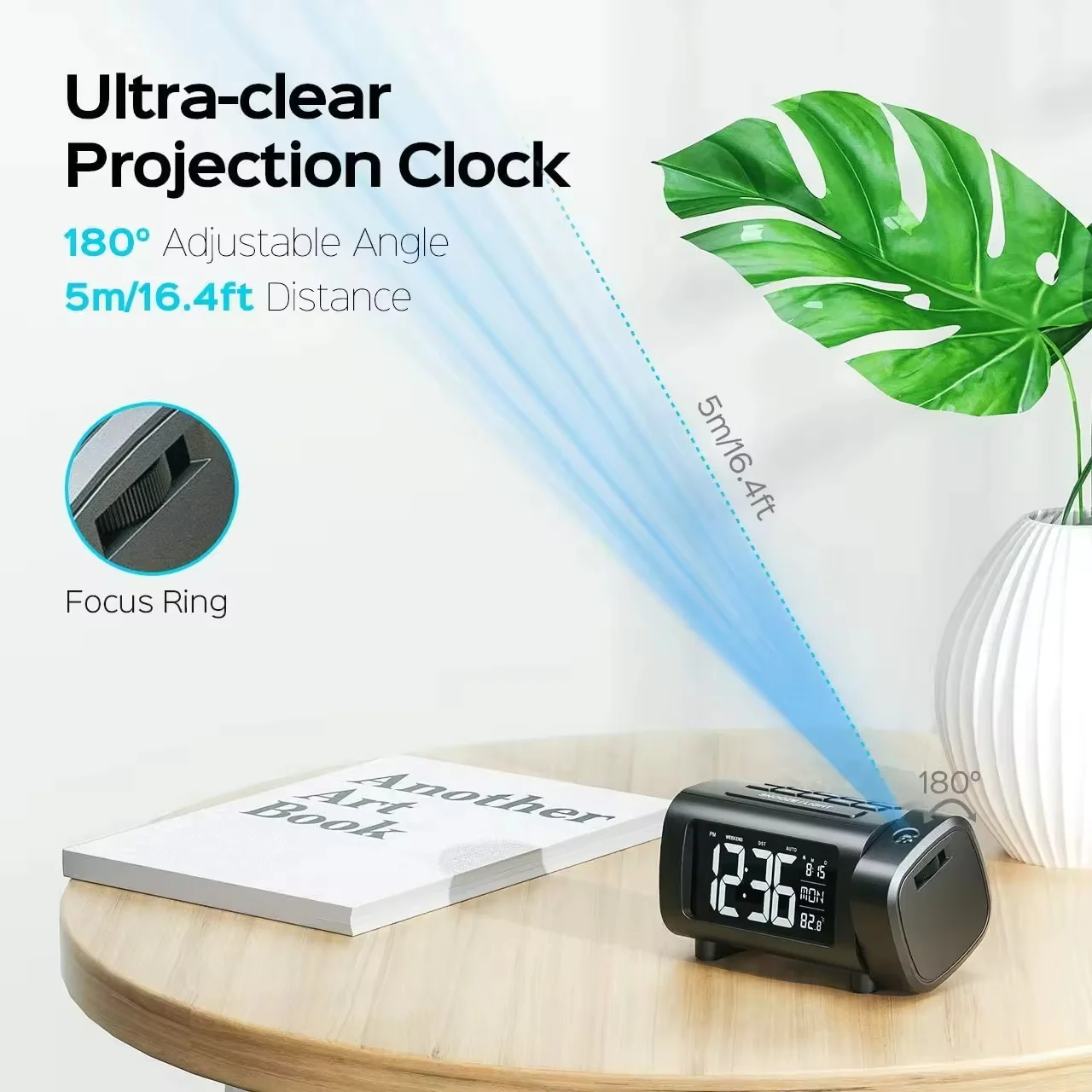 180 ° Rotating Projection Alarm Cloc Multifunctional Alarm Clock Snooze Mode Radio Time Temperature Display Bedroom Alarm Clock