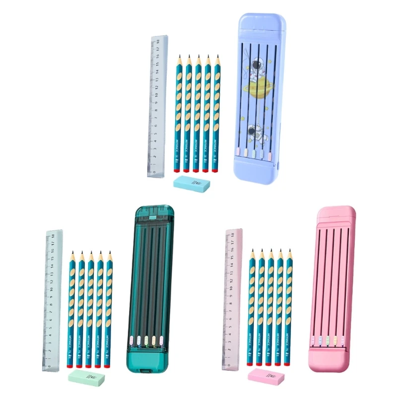 Kids Stationery Gift Includes 5 x Pencils 2B Eraser Clear Ruler Lock Separate Slots Design for Students