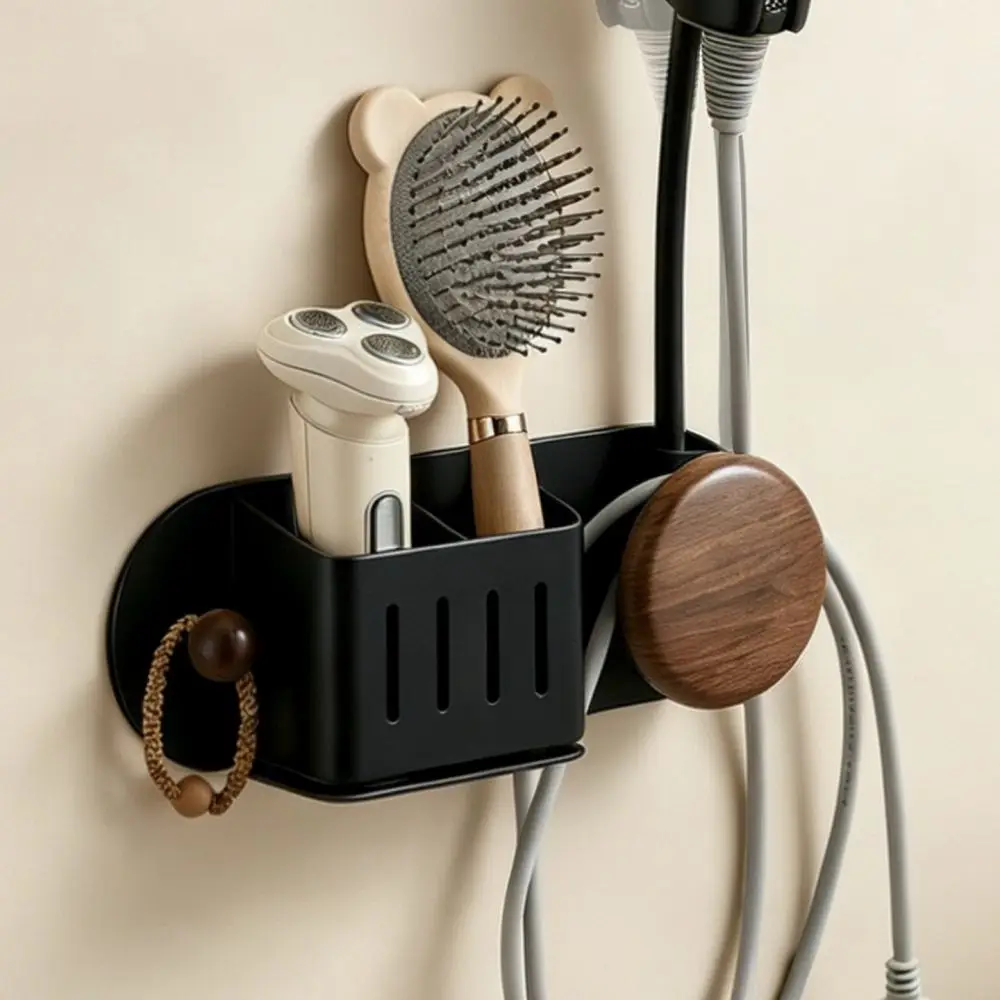 Bathroom Storage Stand For Blower Walnut Wood Texture Wall Holder Hands Free Organizer Rack Punch Free Mount