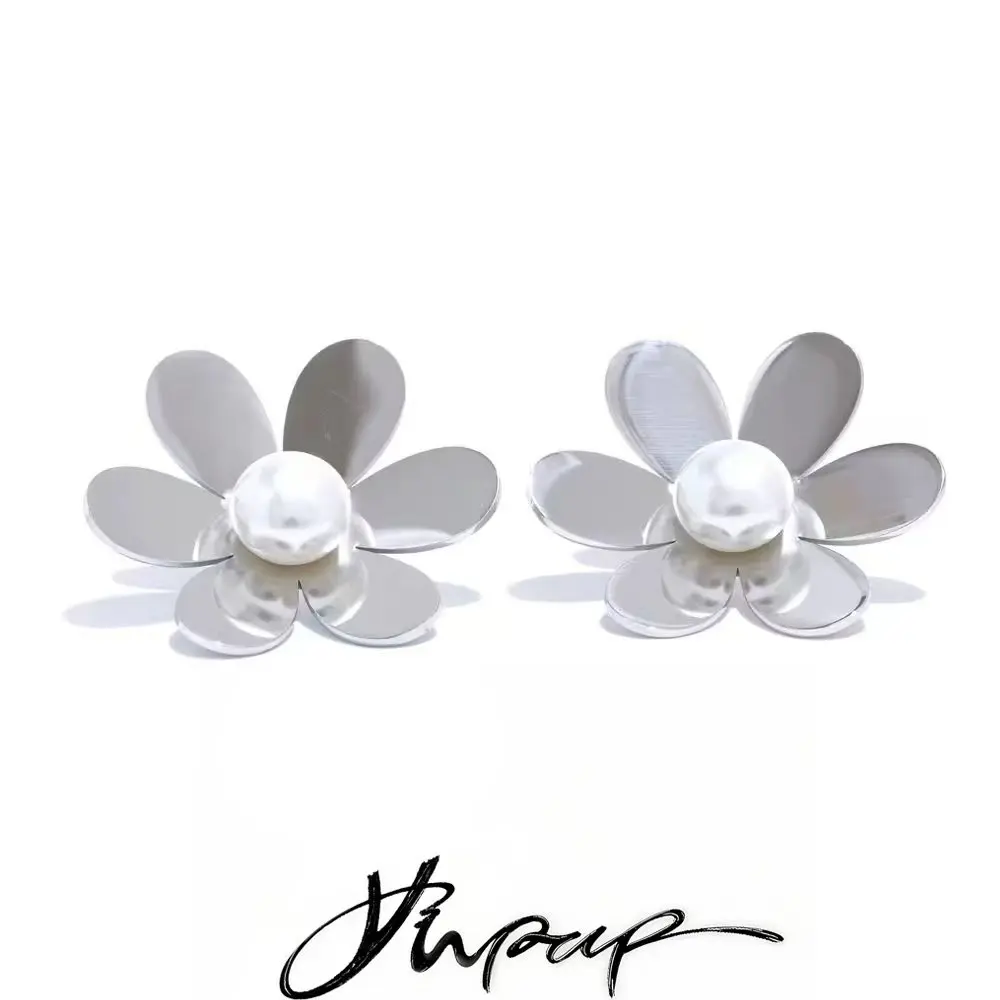 Yhpup Fashion Smooth Stainless Steel Simulated Pearls Flower Daily Trendy Stud Earrings Waterproof Attractive Jewelry Accessory