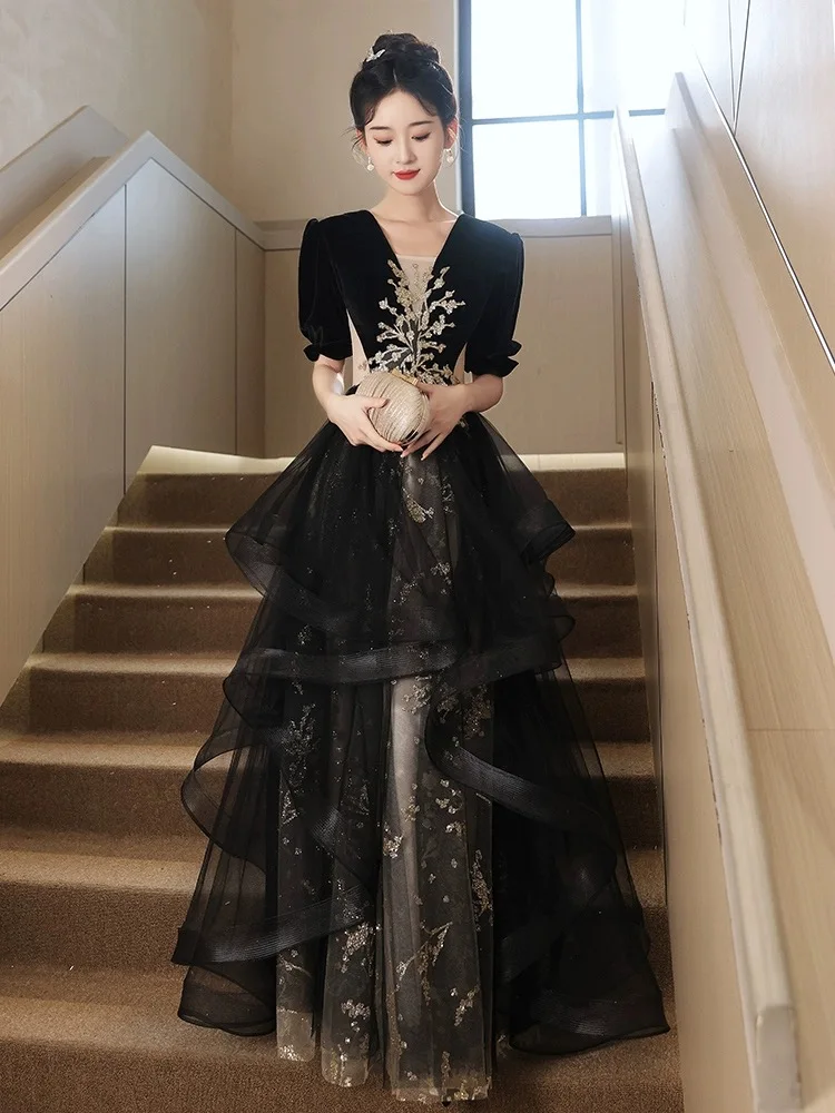 

Banquet No. 41 Temperament Evening Dress Skirt Women's Black Wedding Small Person High-end High-end Feeling