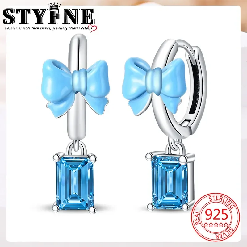 Travel Hobbies 925 Sterling Silver Dopamine Blue Bow Square Hoops Earrings Women's Elegant Jewelry Accessories