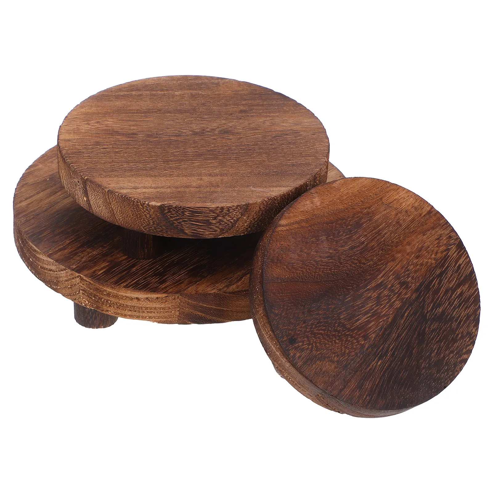 3Pcs Round Wooden Plant Stand Solid Wood Succulent Orchid Riser Stackable Sturdy Minimalist Tabletop Desktop Flower Pot Display