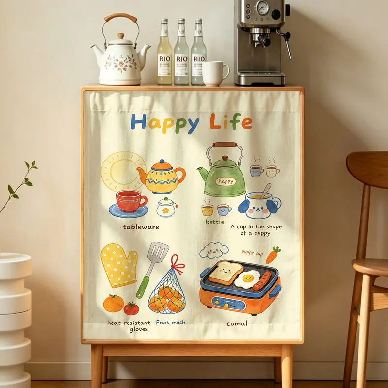 VIKAMA Kitchen Cabinet Door Curtain Cover Tableware Kettle Puppy Cup Cartoon Print Furniture Dust Cover No Pole 2D Flat Print